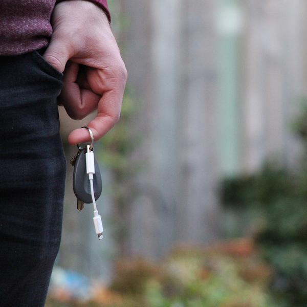 A headphone adapter keychain for the Google Pixel 2